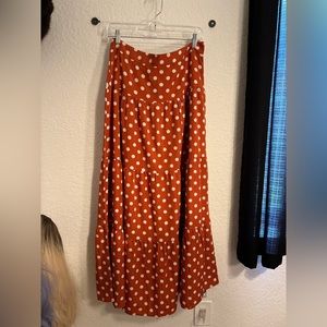Orange and white polka dot tiered maxi skirt